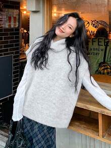 Korean Style Turtleneck Sweater Vest For Women, New Loose Relaxed Layering Top - Light Grey - View 3