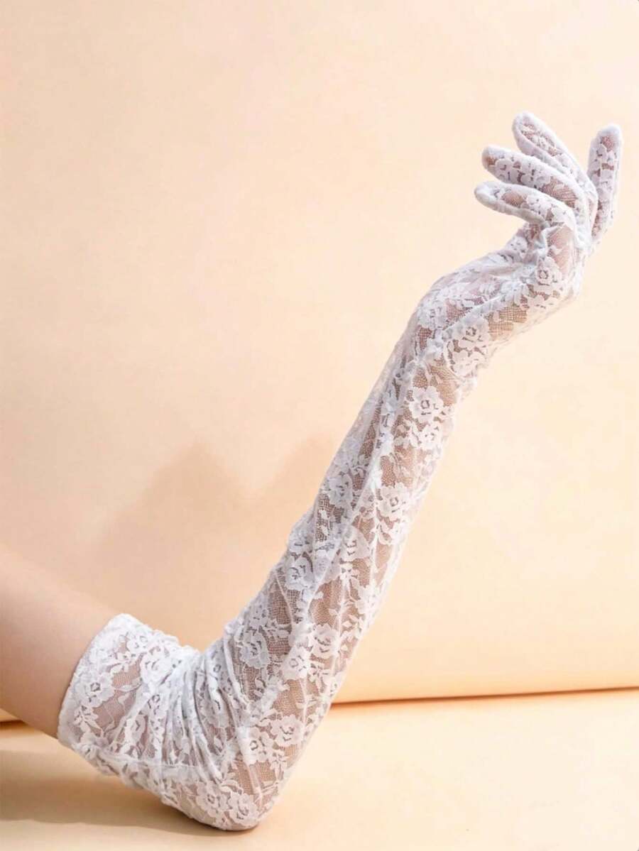 1 Pair Women's Rose Lace Evening Dress Long Sleeve Covers - White - View 1