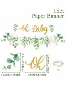 1件裝「Oh Baby」綠葉設計紙製橫幅，適合嬰兒派對懸掛裝飾、春季懸掛旗幟、生日慶祝、性別揭曉派對用品、春季主題派對用品及節日派對用品，1歲生日派對裝飾的理想選擇 - 綠色 - 查看 3