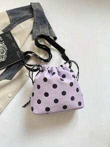 1 pieza Bolso cubo de nailon de unicolor con cordón y patrón de lunares, bolso bandolera para mujer - Púrpura malva - Ver 9