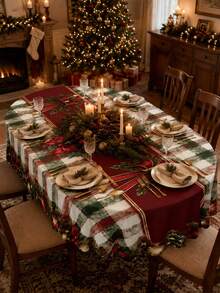 Christmas Plaid Tablecloth, Wavy Edge, Red & Green Buffalo Check Snowflake Print Polyester Tablecloth, Rustic Farmhouse Style Holiday Table Decor, Suitable For Christmas Party, Family Dinner, Winter Home Decoration - Multicolor - View 1