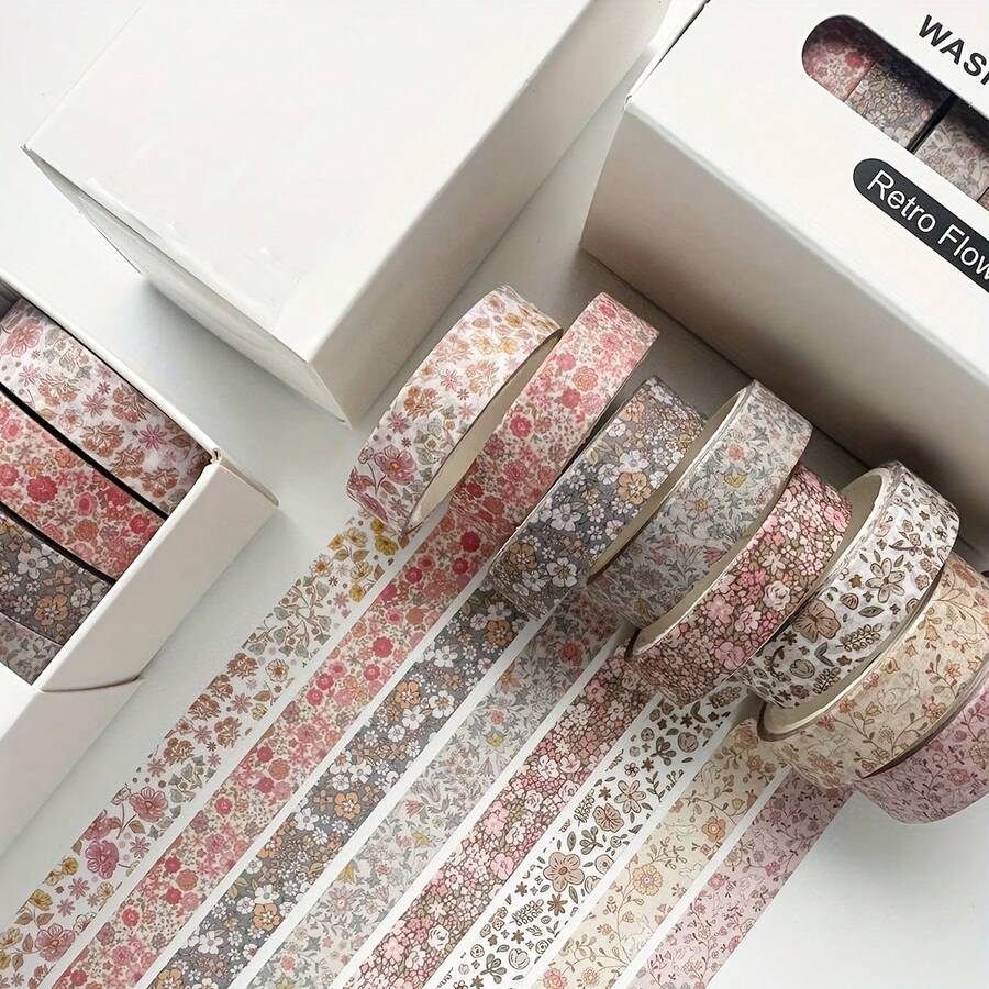 1pc Vintage Style 8-Roll Washi Tape Set, Plaid & Floral Decorative Tape For Journaling, Scrapbooking, Stickers, School Supplies, Handmade Crafts, Thanksgiving Gift - Multicolor - View 1