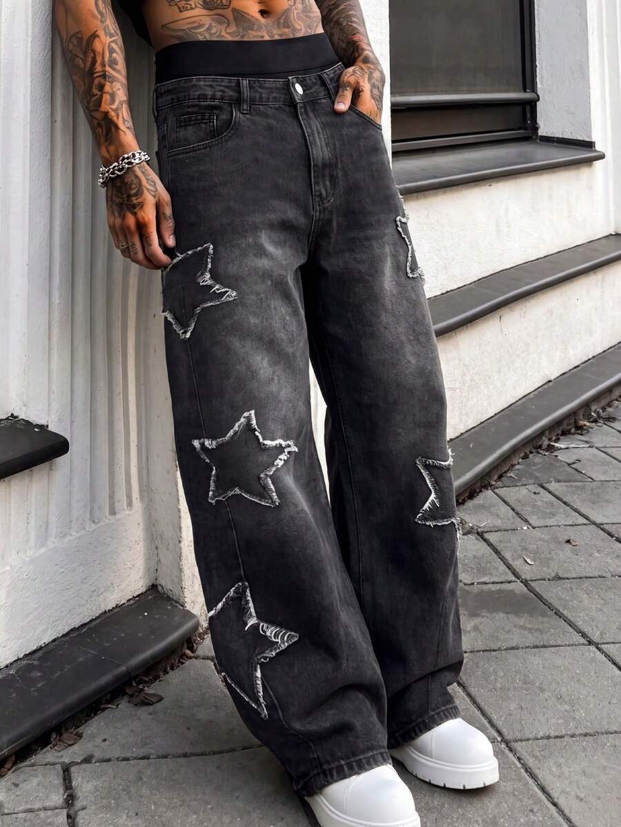 Men's Vintage Washed Black Wide Leg Jeans, Frayed Hem Star Patch Design, Loose Casual Everyday Versatile Denim Wide Leg Pants - Black - View 1