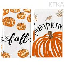 2Pcs Thanksgiving Fall Pumpkin Print Kitchen Towels, Maple Leaf Letter Pattern Dish Cloth, Seasonal Holiday Kitchen Decor Hand Towels - Coral Orange - View 9