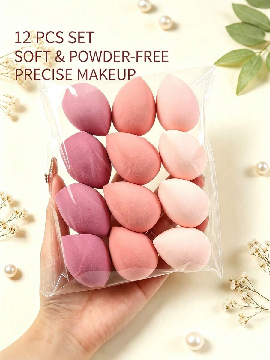 12pcs Medium Makeup Sponges, Foundation Blending Beauty Sponges, Latex-Free Wet & Dry Use For Liquid, Cream And Powder Makeup, Suitable For All Skin Types - Multicolor - View 1