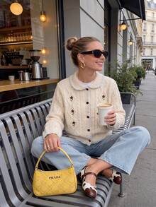 Women's Floral Embroidered Cable Knit Cardigan, Heart Button Collar Cardigan, Autumn/Winter Thanksgiving/Christmas - Apricot - View 7