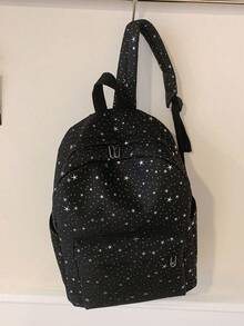1 pieza Mochila de nailon de gran capacidad para estudiantes, mochila universitaria con diseño minimalista de estrella, mochila de nailon, mochila de viaje - Negro - Ver 4