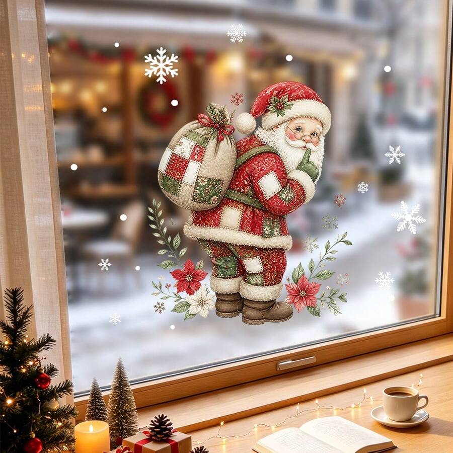 1pc Christmas Window Sticker, Retro Checkered Santa, Snowman And Reindeer Glass Sticker, Vinyl Reusable Sticker, Suitable For Home Store Windows, Holiday Party Decorations - Multicolor - View 1