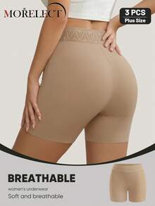 3pcs Women's Plus Size High Waist Boyshorts, Seamless, Tummy Control, Soft, Breathable & Stretchy - Multicolor - View 3