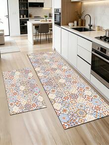 1 Pc Pink Geometric Floral Tiles Pattern Kitchen Mat, 3.5 Mm Soft Rubber That Absorbs Water And Is Easy To Clean. Suitable For Corridors, Bathrooms, Living Rooms, Outdoor Door Mats, And Toilets. Useable Throughout The Year And For Various Holidays. - Multicolor - View 2
