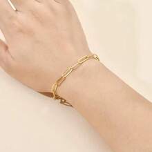 1pc Ins Thick Chain Gold Bracelet For Women, Minimalist Geometric Rectangular Cuban Link, Niche Luxury Versatile Adjustable Hand Jewelry - Gold - View 2
