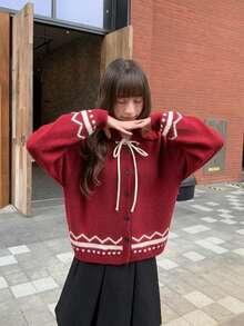 Áo len cardigan dệt kim cổ Fair Isle phong cách vintage Hàn Quốc, phối màu tương phản, cài nút đơn, dáng rộng đa năng - Đỏ - Xem 5