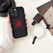 Set 5pcs Casing Ponsel Bambu Hitam Merah Motif Laba-laba + Penutup Kepala Charger + Pelindung Kabel + Tali Penyimpanan TPU Anti-Jatuh, Casing Ponsel Apple, Kompatibel dengan Apple 17 16e 16 15 14 13 12 11 Mini Pro Max Air X XR XSMAX 8 7 Plus, Casing Belakang Matte Anti-Jatuh, Casing Pelindung Smartphone, Casing untuk Penggunaan Sehari-hari, Aksesori Ponsel Modis, Desain Kreatif, Desain Cetak UV, Casing Pelindung Modis, Pecinta Mode, Pecinta Musik, Sempurna sebagai Hadiah Ulang Tahun - MultiWarna - View 1