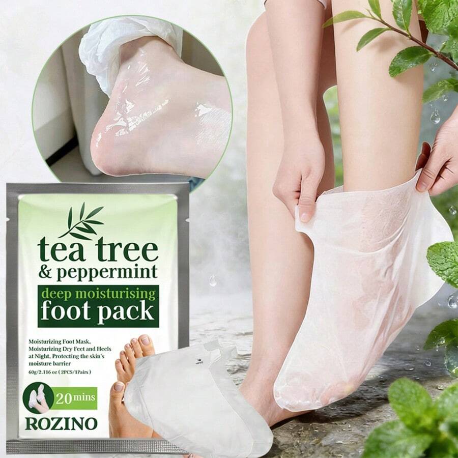 Rozino 2 buah Masker Kaki Pelembap Intensif Tea Tree & Mint. Aroma Tea Tree & Mint, Menyegarkan & Nyaman di Kaki, Melembapkan Secara Intensif, Menenangkan Kaki Kering & Kasar, Melembutkan & Menutrisi, Memperbaiki Kekeringan & Pengelupasan. Dikemas Individual 60g, Bersih & Higienis, Perawatan SPA Kaki di Rumah, Mudah Digunakan - View 1