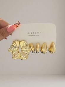 6/18pcs Gold Fashion Elegant Earring Set, Flower, Leaf, Water Drop, C-Shape, Suitable For Women's Daily Wear - Yellow Gold - View 5