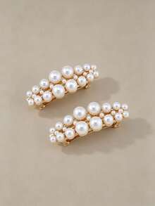 1/2 Luxury Pearl Cluster Spring Hair Clip, Gold Base, Bridal Wedding Commute Elegant Side Bangs Clip - Multicolor - View 3
