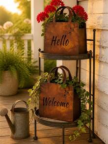 3pcs/1pc Vintage Rusty Metal Hanging Flower Basket, Double-Sided Hello & Welcome Design, Suitable For Garden, Yard, Wall, Indoor And Outdoor Decoration - Style Random - View 2