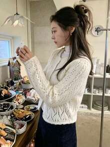 Casual Versatile Hollow Knit Short Cardigan - White - View 3