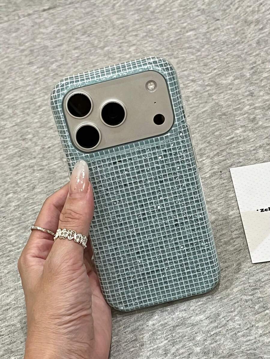 1 buah Casing Ponsel Glitter Kotak-kotak Kecil Warna Biru Mint Terlaris untuk Blogger , Bingkai Kamera Timbul, Tahan Gores dan Tahan Benturan, Kompatibel dengan iPhone 11 hingga 17 Pro Max Semua Versi/i18 Pro/18pro Max - MultiWarna - View 1