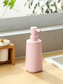 1pc Striped Pink Liquid Soap Dispenser, Modern Round Plastic Bottle, Suitable For Bathroom Hand Soap And Kitchen Dish Soap, Home Bathroom Decor, Autumn Decor, Back To School - A - View 2