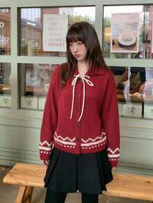 Áo len cardigan dệt kim cổ Fair Isle phong cách vintage Hàn Quốc, phối màu tương phản, cài nút đơn, dáng rộng đa năng - Đỏ - Xem 7