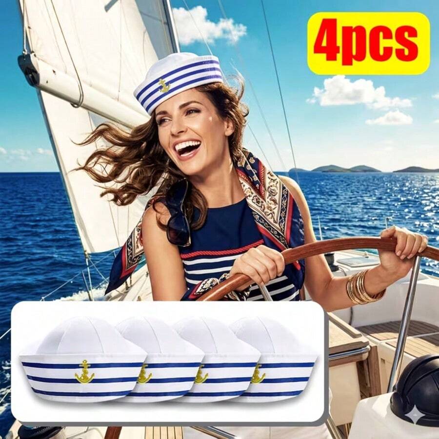 4pcs Classic Striped Sailor Hat With Gold Anchor, Unisex Adult Navy Style Costume Accessory, Suitable For Theme Party, Beach Gathering, Stage Performance, Halloween Cosplay, Vacation Photo Atmosphere Decorative Hat - Striped Hat - View 1