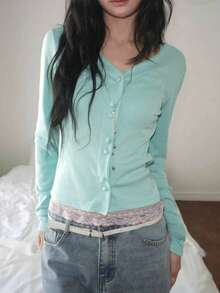 Fashion Korean Style Button Long Sleeve Knit Cardigan - Mint Green - View 2