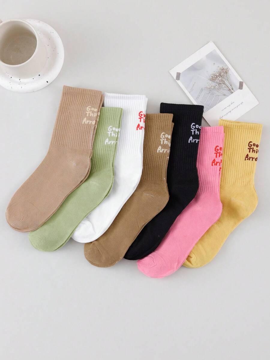 1/4/7 Pairs Random Men's Soft Macaron Solid Color Vertical Stripe Mid-Calf Socks, Minimalist English Letter Versatile Comfortable Smiling Face Socks - Multicolor - View 1