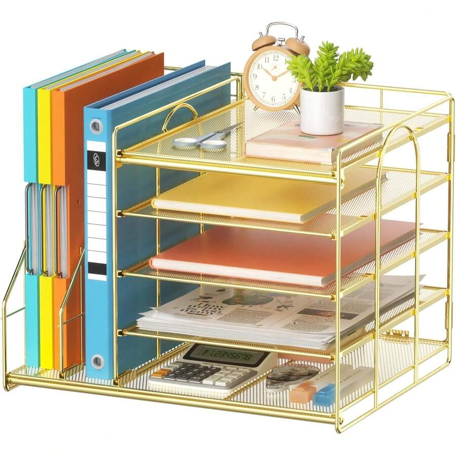 Organizador de computadora con soporte para archivos, bandeja de papel de 5 niveles, organizadores de computadora de malla y accesorios con soporte para revistas, organizador de computadora - Amarillo - Ver 1