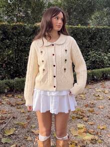 Women's Floral Embroidered Cable Knit Cardigan, Heart Button Collar Cardigan, Autumn/Winter Thanksgiving/Christmas - Apricot - View 5