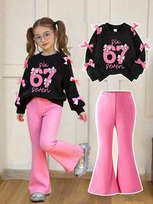 Young Girl Number Print Crew Neck Long Sleeve Top And Flare Pants Set - Black - View 1