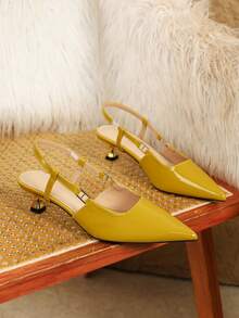 Sepatu Wanita Hak Kitten Model Slingback Ujung Lancip dengan Pita, Sepatu Hak Stiletto Elegan, Serbaguna, dan Nyaman untuk Perjalanan dan Kencan. - Mustard Yellow - View 9