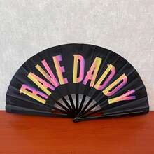 Black Background Colorful English Print Hard Bone Clacker Fan Rave Theme Music Festival Interactive Handheld Prop Foldable Portable Cooling Fan - Multicolor - View 1