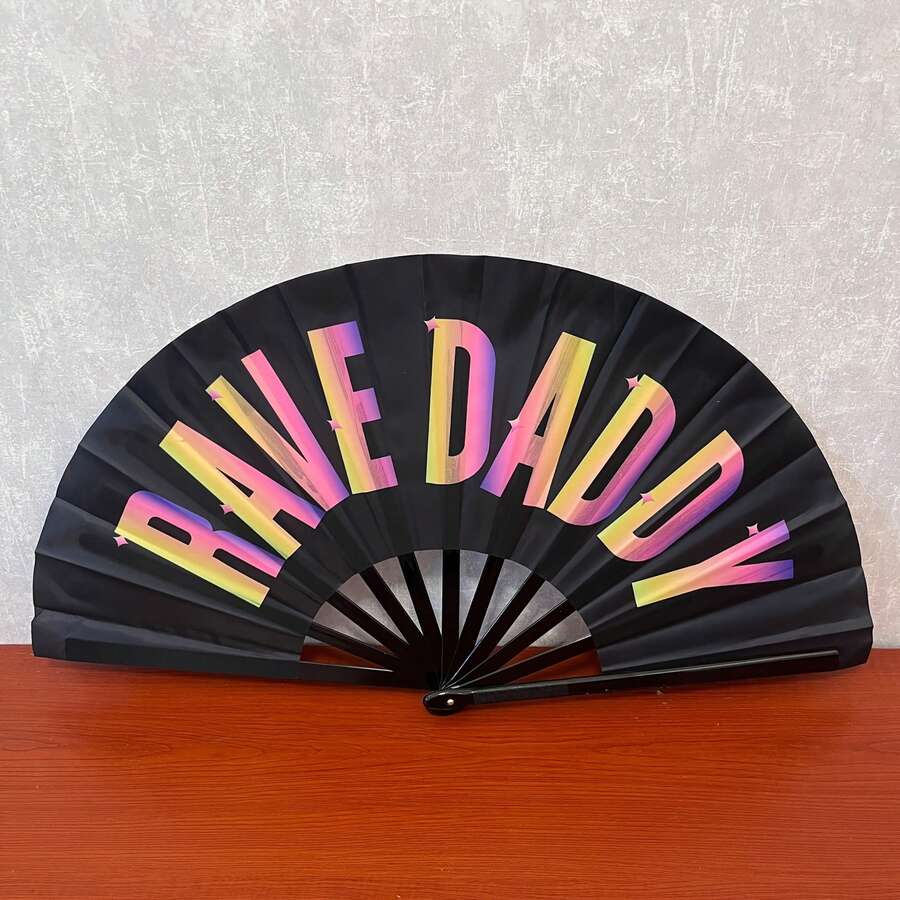 Black Background Colorful English Print Hard Bone Clacker Fan Rave Theme Music Festival Interactive Handheld Prop Foldable Portable Cooling Fan - Multicolor - View 1