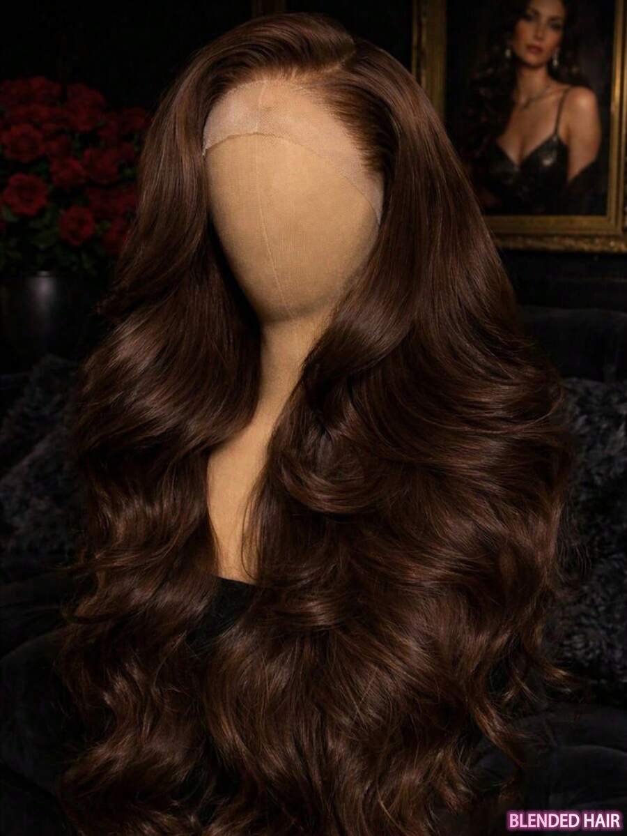 200%密度波浪捲 13x4蕾絲前頂假髮 HD透明蕾絲 預拔髮絲附嬰兒髮 女款混紡髮假髮 漂白髮結 自然髮線 高密度 #4棕色，萬聖節