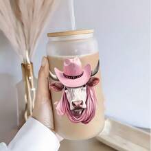 16oz Pink Cowboy Hat Bandana Cow Print Glass Cup, Western Style Iced Coffee Straw Cup For Enthusiasts - Multicolor - View 10