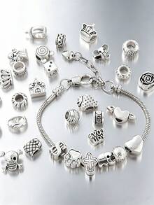 30/200/300/500/1000pcs Fashion Acrylic Metal Bead Set, Suitable For DIY Jewelry - Multi-Functional Large Hole Design For Necklaces, Bracelets, Keychains And Phone Charms With Classic Patterns - Silver - View 12