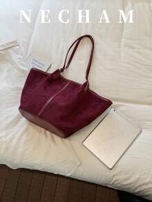 1pc Large Capacity Beach Tote Bag With Pendant, Casual Vacation Style Shoulder Bag - Burgundy - View 5