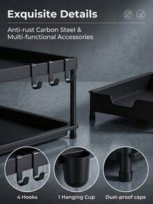 Double-Layer Under Sink Storage Rack With Smooth Pull-Out Mesh Basket Drawer, Double Storage Space Organizer With Side Hooks And Detachable Storage Cup, Pull-Out Cabinet Organizer For Kitchen And Bathroom Cleaning Supplies - Black - View 10
