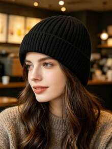1 Ribbed Knit Beanie Simple Solid Color Loose Large Hat Men's And Women's Autumn And Winter Warm Ear Protection Wool Hat - 1pcs - View 5