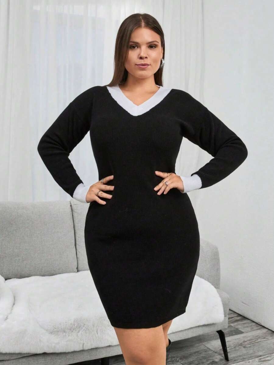 فستان نسائي بأكمام طويلة وياقة على شكل حرف V قصير محبوك ، 21519 - الأسود - مشاهدة 1