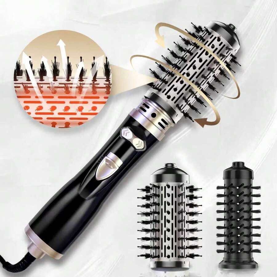 Sikat Pengering Rambut Putar 4-in-1 dengan 2 Kepala Sikat yang Dapat Dilepas, Set Sikat Pengering Rambut Putar Anti-Frizz untuk Mengeringkan dan Menata Rambut dengan Gaya Keriting ke Dalam, Tegangan Standar Eropa 230V, Cocok untuk Rambut Sedang hingga Panjang