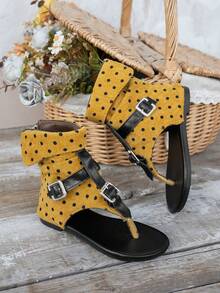1 Pair Kids Flat Sandals With Toe Strap, Open Toe, Chinese Knot Decor, Rhinestone Embellishment, Single Strap Buckle, Suitable For Beach, Camping, Gathering, Shopping, Walking, Playing, Photo Taking - Yellow - View 4