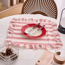 1/2/4/6/8pcs Red Triple Stripe Ruffle Edge Square Placemats, Multiple Quantity Options, Versatile For Home Kitchen Table Decor, Water Cup Bowl Plate Anti-Slip Mat, Suitable For Holiday Party Birthday Wedding Dinner Office Desk Coffee Table Home Decor Room Decor Dorm Decor All Season - Red - View 3