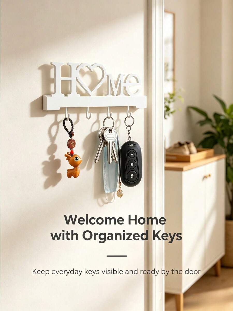 1pc Home Love Shaped Key Holder Wall-Mounted Entryway Organizer With Hooks, Wall-Mounted Storage Rack, Includes Screws, Requires Drilling, Suitable For Home Decor, Living Room Decor And Housewarming Gift - Multicolor - View 1