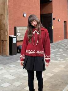 Áo len cardigan dệt kim cổ Fair Isle phong cách vintage Hàn Quốc, phối màu tương phản, cài nút đơn, dáng rộng đa năng - Đỏ - Xem 3