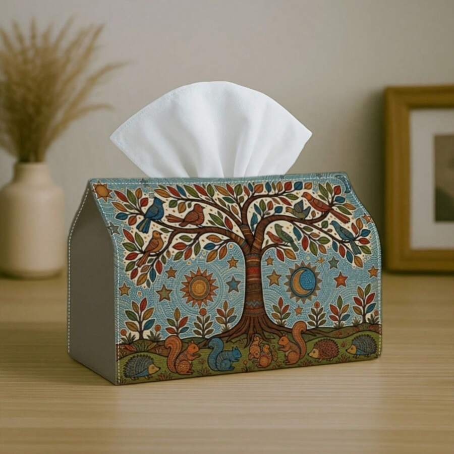 1pc Vintage Country Style Tissue Box, Tree Sun Rabbit Pattern - Durable Polyester Fabric Napkin Dispenser, Suitable For Home, Kitchen, Dining Table Decor, Party Napkin Holder, Tissue Box, Suitable For Home, Restaurant, Dining Table Centerpiece - Multicolor - View 1