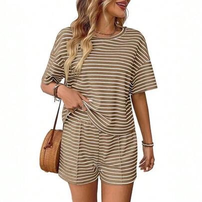 Cross-Border European And American Women's Clothing, New Summer Style Knitted Striped Fashion Casual Shorts Sports Suit For Women