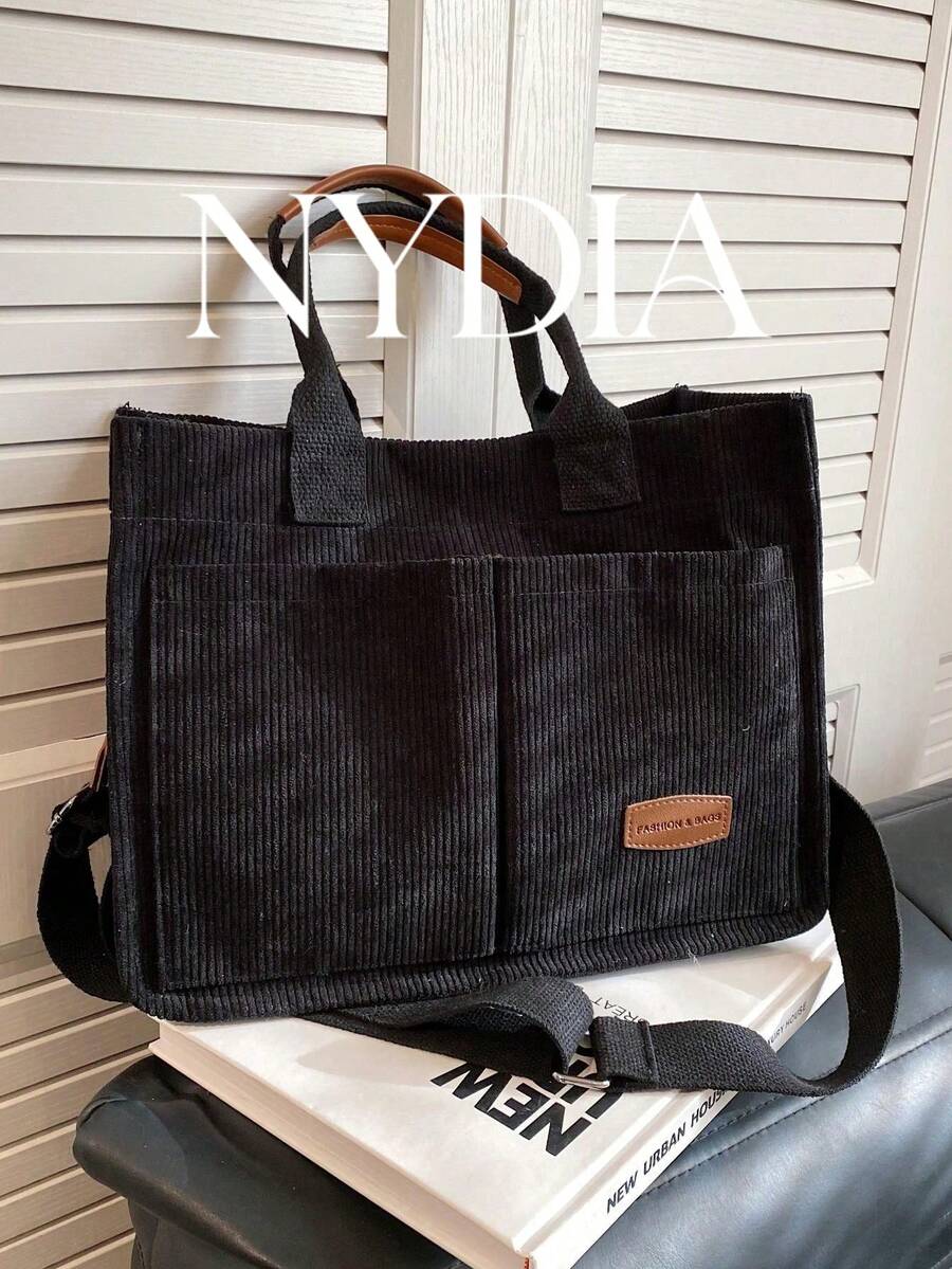 Bolso de tela de pana a rayas plegable, de gran capacidad - Negro - Ver 1