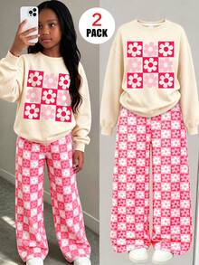 2pcs Girls' Set,Including Checkerboard Flowers Print Crewneck Sweatshirt&Random Crop Floral Plaid All-Over Print Wide-Leg Pants,Suitable For And Winter - Multicolor - View 1
